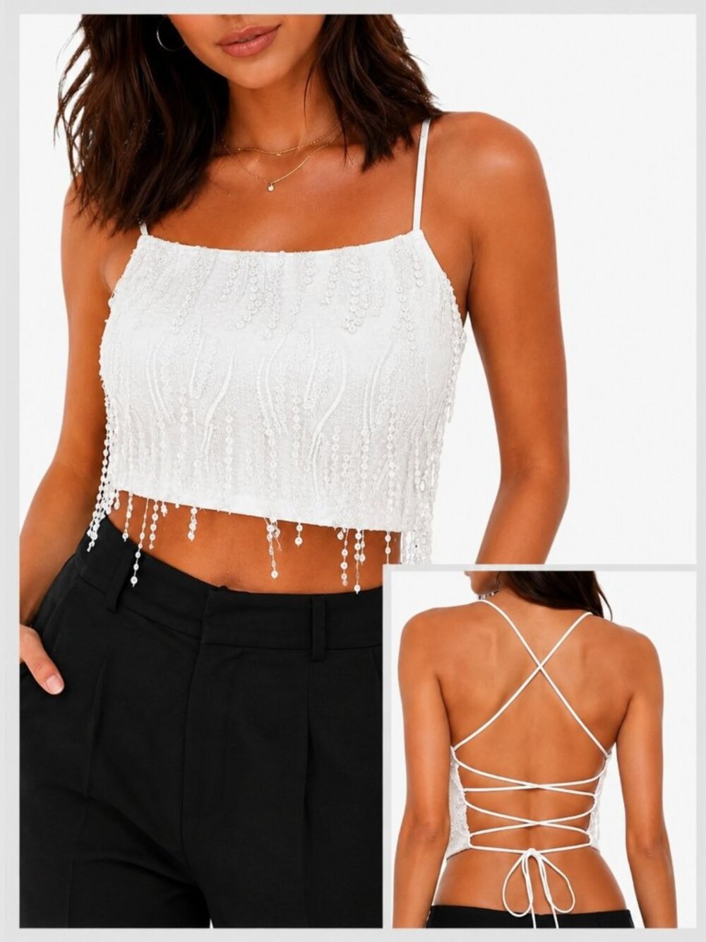 Lulus Dancing in a Dream Crop Top White Lace Up Fringe M